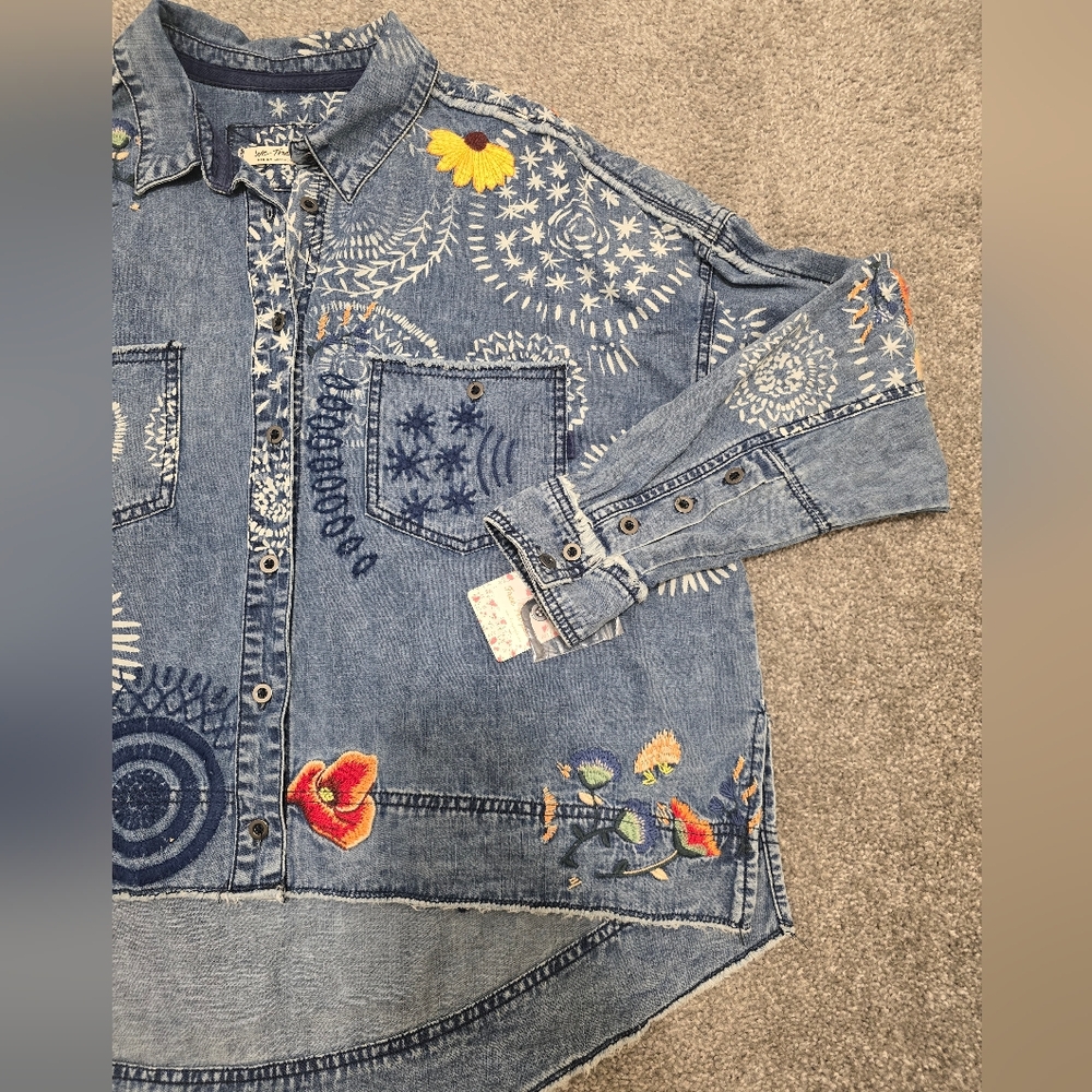 Marrakesh Free People Embroidered Denim Top Jacket NWT Boho Hippie Funky Boxy - Picture 7 of 14